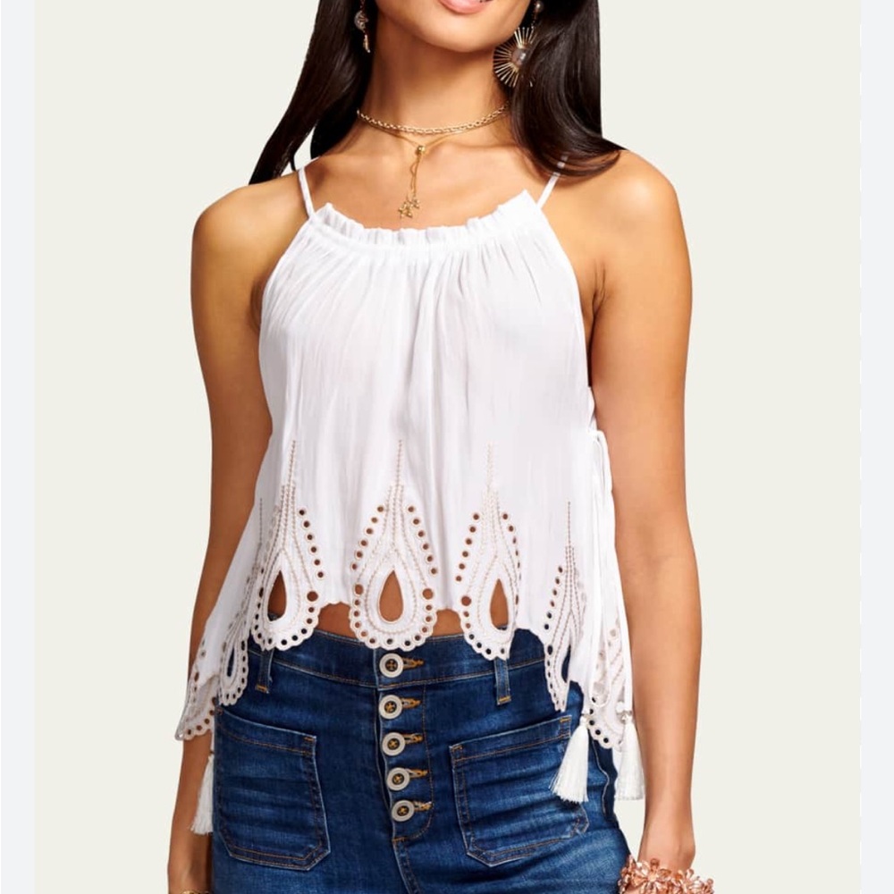 RAMY BROOK Lilyanne Contemporary Boho Ecru Eyelet Side-Tie Pleat Neck Halter XS